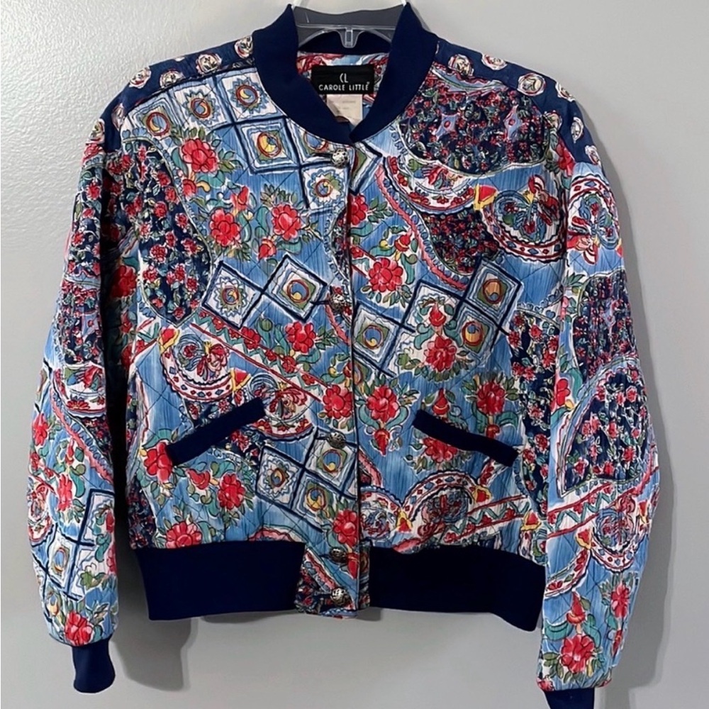 Carole Little Vintage 80's/90's Blue Multi Pattern Quilted Bomber Jacket Sz 6